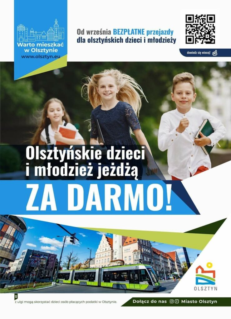 Plakat Olsztyńskie dzieci jeżdżą ZA DARMO!